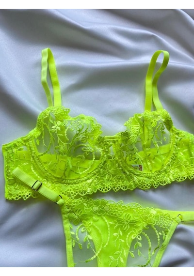 Arona Neon Yeşil Dantelli İç Çamaşırı Takımı Dantelli Sütyen Tanga Set Yeşil