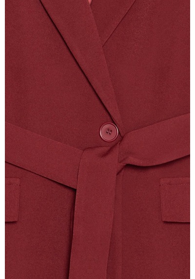 Sââde Kadın Tek Düğmeli Dokuma Kruvaze Blazer Ceket - Kuşaklı Bordo