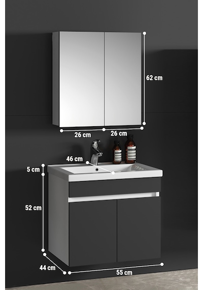 Çiğdem 55 Cm Beyaz-antrasit Gri Mdf Asma Banyo Dolabı Takımı Beyaz - Antrasit