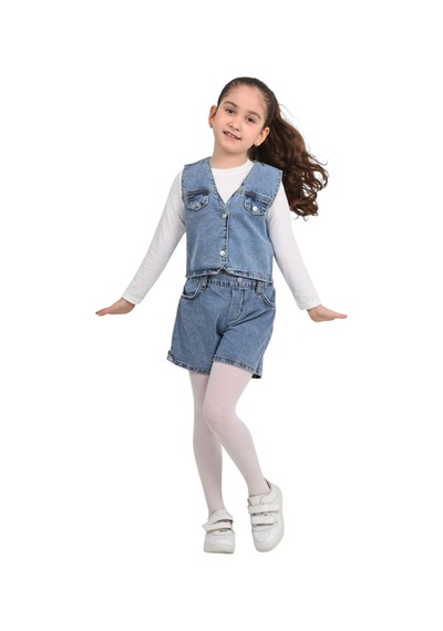 Erdem Kıds Kız Çocuk Pamuklu Jean Denim Düğmeli Kot Yelek Mavi Mavi
