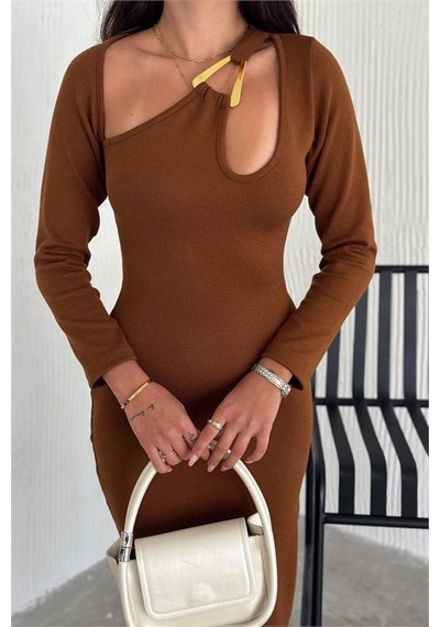 Dip Moda Kadın Likralı Midi Boy Triko Elbise Dpnbk2219 Taba
