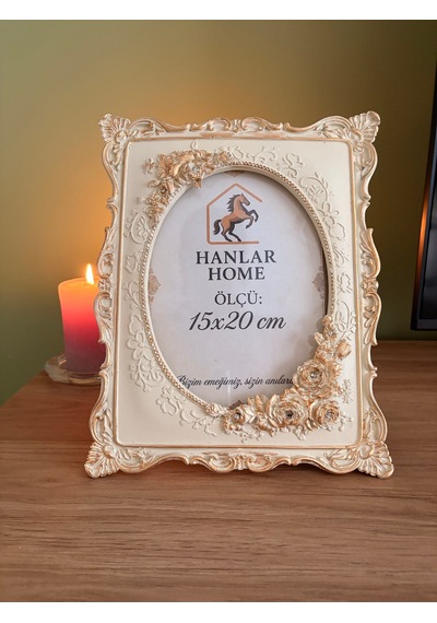 Güllü Barok Dikdörtgen Fotoğraf Çerçevesi Krem & Eskitme Altın 15x20 Cm