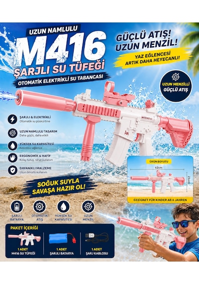 Uzun Namlulu M416 Şarjlı Su Tüfeği Otomatik 60 Cm Elektrikli Su Tabancası Pembe