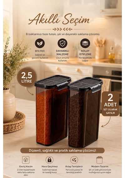 Porsima L-00895 2'li Erzak Saklama Kabı Seti Hava Geçirmez Kapaklı,düzenleyici Mutfak Saklama Kabı,tablet Toz Deterjan Saklama Kabı 2,5 Litre Füme