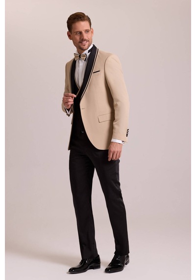 Ysf Erkek Bej Slim Fit Şal Yaka Yelekli Damatlık