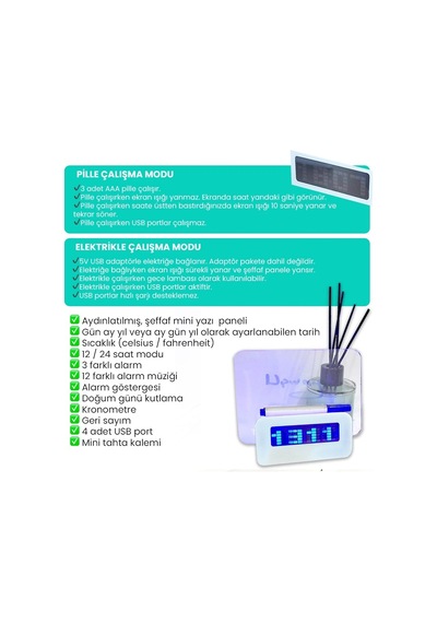 Upway 4 Adet Usb Çoklayıcı Not Panelli Dijital Masa Saati 3 Alarm Sıcaklık Takvim Doğum Günü Beyaz