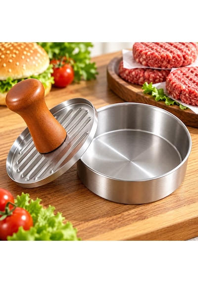 Paslanmaz Çelik Hamburger Köfte Presi 10 Cm Ahşap Saplı Burger Şekillendirme Aparatı Metalik
