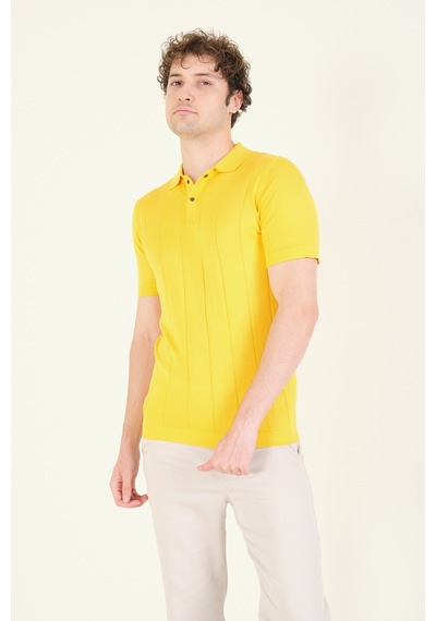 Giyim Dünyası Erkek Çizgili Polo Yaka Merserize T-shirt Sarı 001