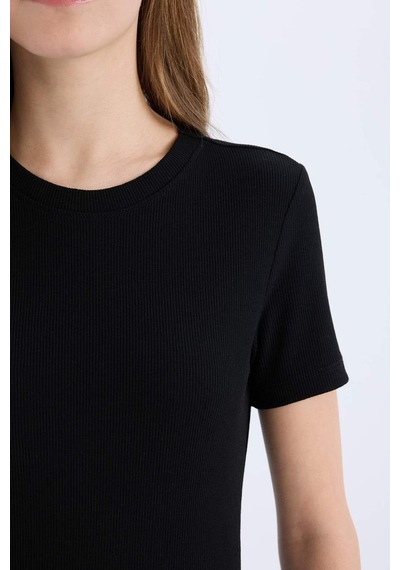DeFacto Coool Bodycon Vücudu Saran Bisiklet Yaka Fitilli Kaşkorse Kısa Kollu Mini Elbise E7231AX25SPBK81