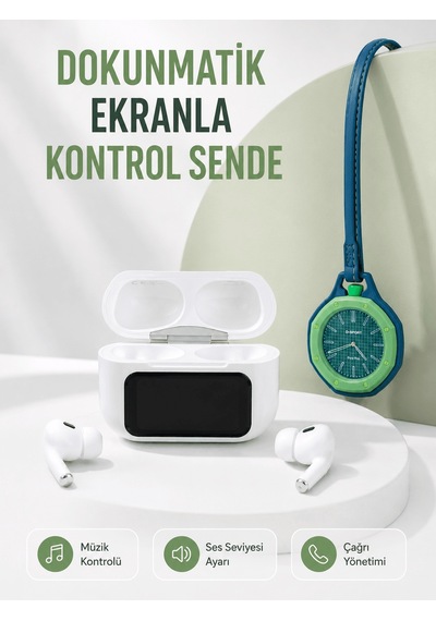 Bluetooth 5.4 Kablosuz Kulaklık Yeşil Askılı Analog Charm Saat İk