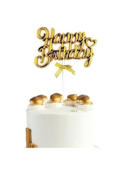 Happy Birthday Pasta Süsü Krom Yazı Kürdanlı Gold Dekoratif Pasta Üstü +3