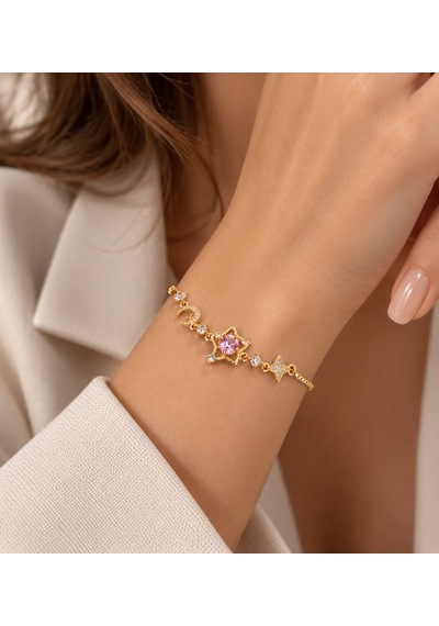 Pembe Taşlı Yıldız Model Gold Renk Zirkon Taşlı Asansörlü Bileklik Çok Renkli