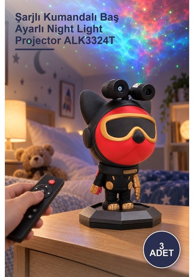 3 Adet Astronot Projektör Gece Lambası Şarjlı Kumandalı Baş Ayarlı Night Light Projector Alk3324t