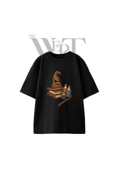 Thewert Sorting Hat Tasarım Baskılı Ünisex Siyah Oversize T-shirt
