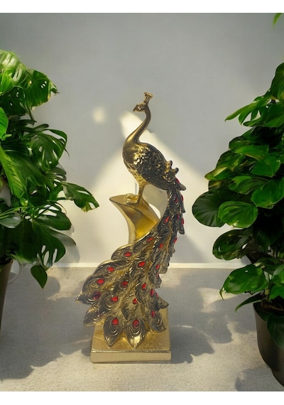 Dikey Taşlı Tavuskuşu Dekoratif Obje - Gold