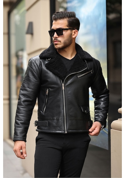 Erkek Napa Deri Çapraz Fermuarlı İçi Full Kürklü Slim Fit Mont & Ceket Siyah - Siyah