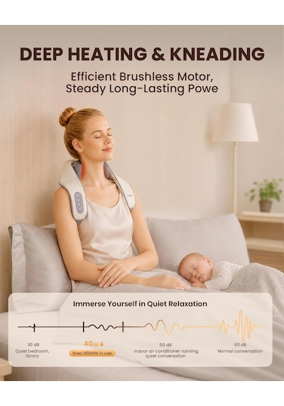 Breo N5 Mini Boyun Ve Omuz Masaj Aleti, Evde Boyun Sırt Derin Boyun Masajı İçin Isı Shiatsu Masaj Yastığı Bej, Boyut2