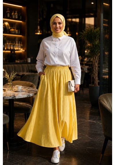 Hb Harma Time Butik Kadın Beli Lastikli Çilek Kumaş Sarı Etek Bej Bej