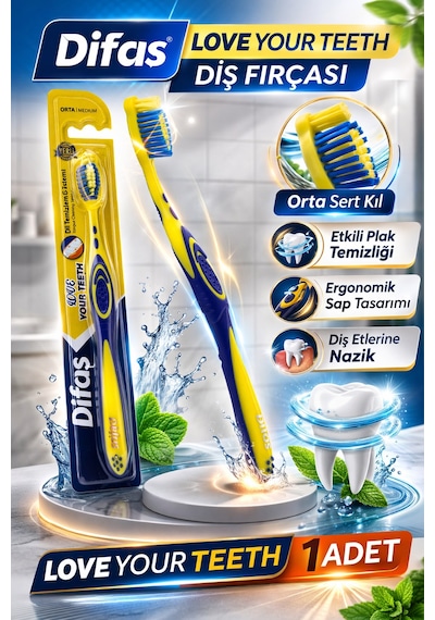 Difaş Love Your Teeth Diş Fırçası 1 Adet Orta Sert Ergonomik Tutma Saplı Manuel Diş Fırçası