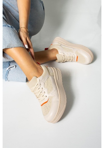 Shoetek Dael Kadın Sneakers Bağcıklı Spor Ayakkabı Bej Deri Bej