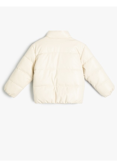 Koton Oversize Şişme Mont Deri Görünümlü Dik Yaka Su Geçirmez Ekru 5wkg20035aw Ekru