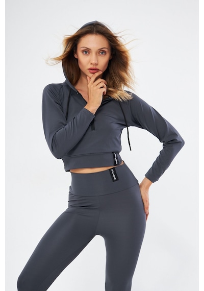 Lesa Wear Kapüşonlu Içi Polarlı Yumuşacık Şardonlu Kaşkorse Crop Likralı Sweatshirt Antrasit