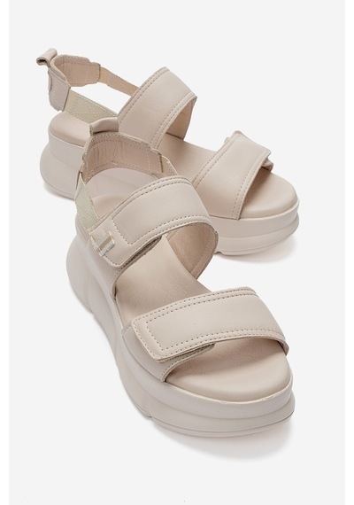 Luvishoes Celeste Krem Hakiki Deri Cırt Bantlı Kadın Kalın Tabanlı Sandalet