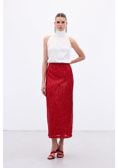 Sateen Karolin Midi Etek - Kırmızı-136653 Kırmızı