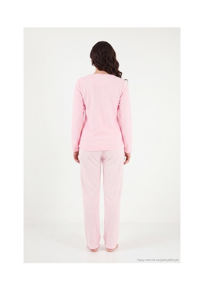 Lela Çizgili Yumuşak Kışlık Polar Pijama Takımı Kadın Pijama Takımı 6575030 Pembe
