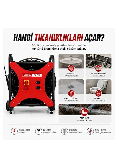 Ninjaflex Pro Profesyonel Gider Açma Makinesi 20 Metre Otomatik Tamburlu 1400 Watt El Kumandalı