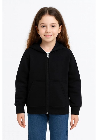 Kız Çocuk Kapüşonlu Kanguru Cepli Tam Fermuarlı Hırka Sweatshirt - Siyah Çok Renkli