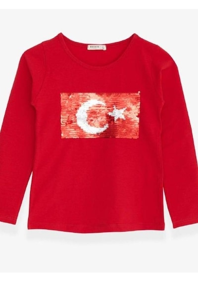 Breeze Çocuk Oynar Pullu Pamuklu Uzun Kollu T-shirt-14704 KIrmızı