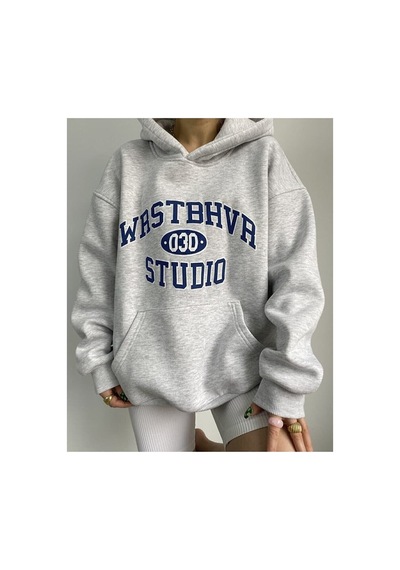 Medinenur Studio Baskılı Unisex Kanguru Cepli Kapüşonlu Sweatshirt Hoodie Sweat Grı