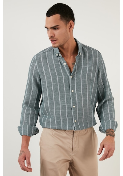 Buratti Pamuklu Çizgili Regular Fit Düğmeli Yaka Erkek Gömlek Cf21S112480 Haki-Beyaz