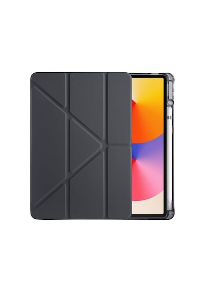 Galaxy Tab A9 Plus İle Uyumlu Akıllı Kılıf, Kalem Bölmeli Lansman Antrasit Origami Standlı Darbe Emici Şeffaf Arka Kapaklı Ultra İnce Popüler Tablet Kılıfı