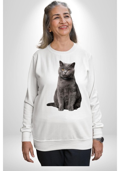 British Shorthair Kedi Unisex Beyaz Sweatshirt Beyaz