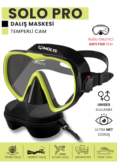Molys Solo Pro Dalış Maskesi + Maske Kutusu + Antı Fog Buğu Önleyici Film Siyah - Sarı