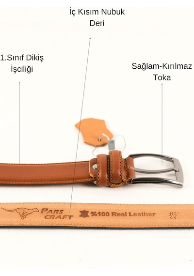 Parscraft Battal Boy / Büyük Beden / Uzun Boy Xxl 3,5 Cm Taba Klasik Erkek Hakiki Deri Kemer