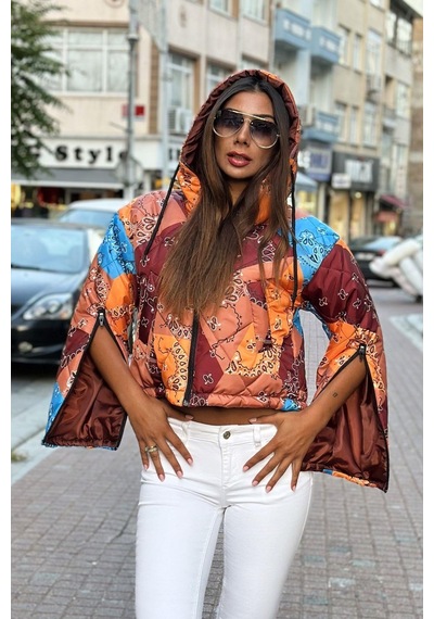 Keyifli Moda Kadın Kahverengi Desenli Kapüşonlu Kolları Fermuarlı Kısa Şişme Mont - S-m Kahverengi