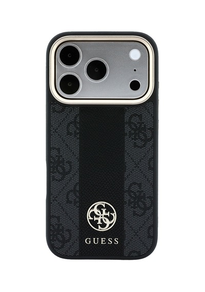 Apple iPhone Uyumlu 18 Pro Kılıf Guess  Lisanslı M-safeli Deri 4g Desenli Şeritli Yazı Logolu Kapak Siyah