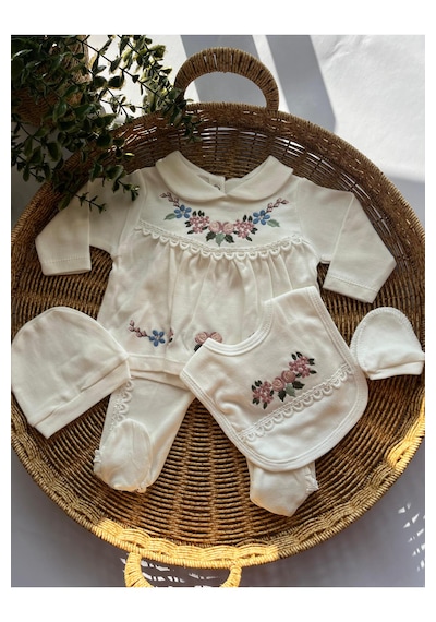 Bambik Zuhu Baby Kız Bebek Nakışlı 5 Li Hastane Çıkışı Seti Pamuk Şapka, Üst, Alt, Eldiven, Önlük Ekru