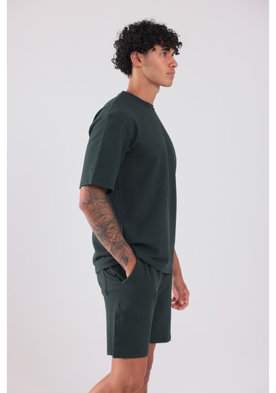 Rowinger Waffle Dokulu Oversize T-shirt Ve Şort Erkek Takım Darkgreen