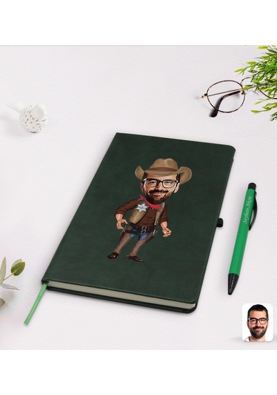 Kişiye Özel Kovboy Karikatürlü Yeşil Termo Deri Defter Kalem Seti N11.839