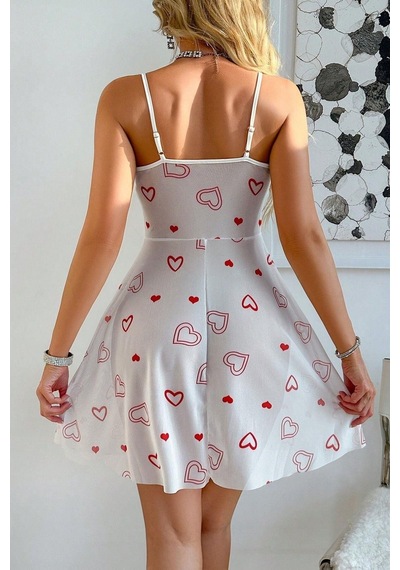 Bella Notte Romantik Kırmızı Kalp Baskılı Dantel Şeritli Gecelik