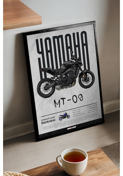 Mt-09 Siyah Ahşap Çerçeveli Poster, Dekoratif Motosiklet Duvar Tablosu