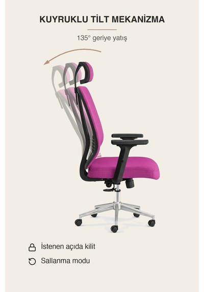 Upstyle Poyraz Başlıklı Fileli Ergonomik Çalışma Koltuğu Pembe Krom Koltuk 66 125 65 Cm