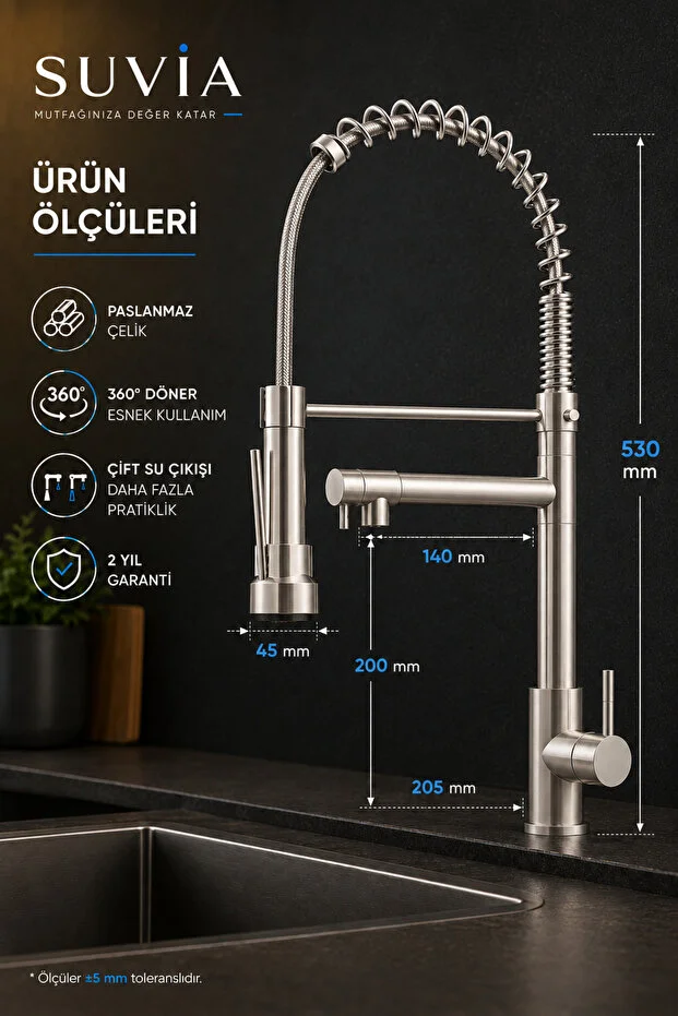 Endüstriyel Mutfak Bataryası Profesyonel Yaylı Spiralli Çift Su Çıkışlı Esnek Eviye Musluğu Inox