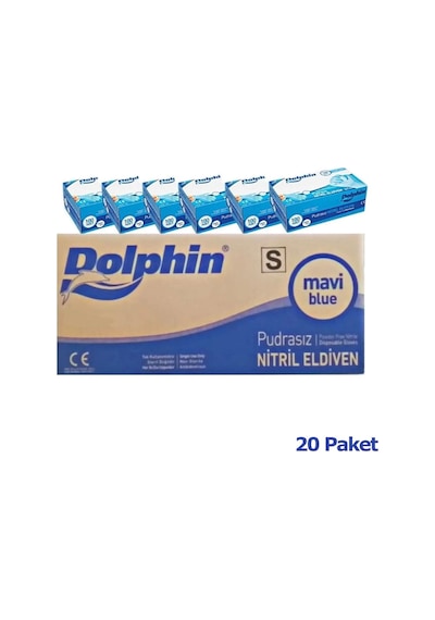 Dolphin Tek Kullanımlık Lateks Mavi Pudrasız Nitril Muayne Eldiveni Small Küçük Boy 100'lü 20 Paket