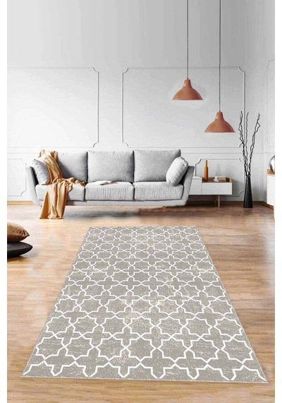 Bej Spor Kaymaz Tabanlı Makinede Yıkanabilir Halı Mo08n11