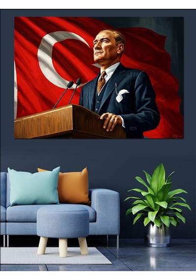 Ahşap Tablo Türk Bayrağı Önünde Atatürk Portresi İstanbul Tabloları